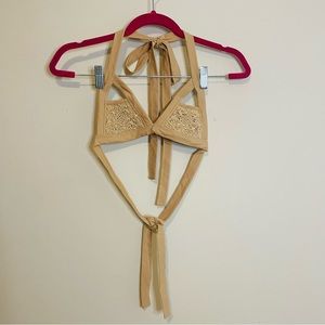 Rove Swimwear Crochet Cut-out Bikini Bathing Suit Top Beige Tan | B30